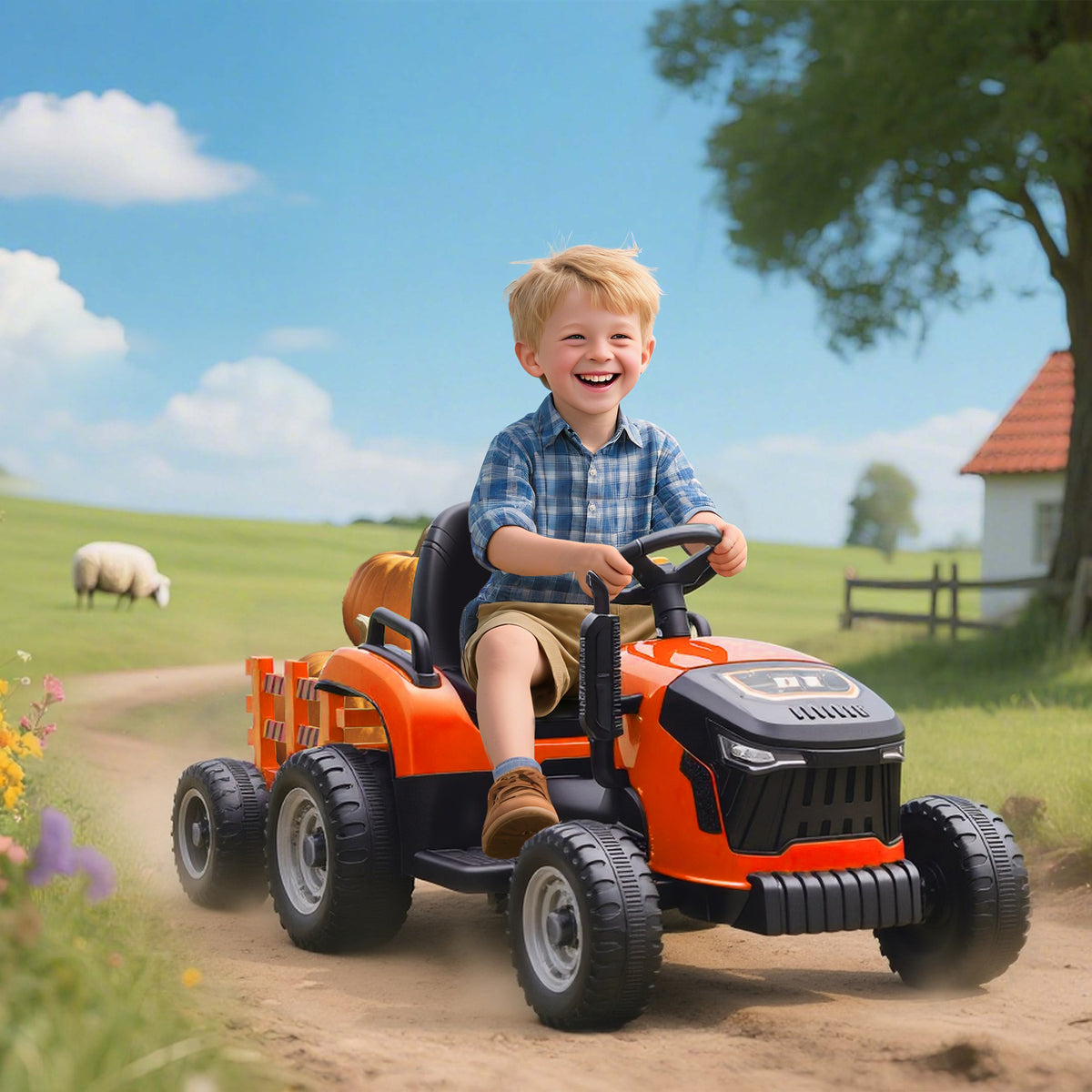 Qaba 12V Kids Ride On Tractor with Trailor, Remote Control, Music, Lights, Shifter, for Kids Ages 3-8 Years