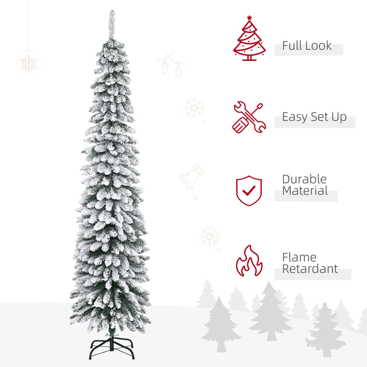 6 Ft Snow-Flocked Artificial Christmas Tree, Slim Pencil Xmas Tree with Realistic Branches, Metal Base – view 12