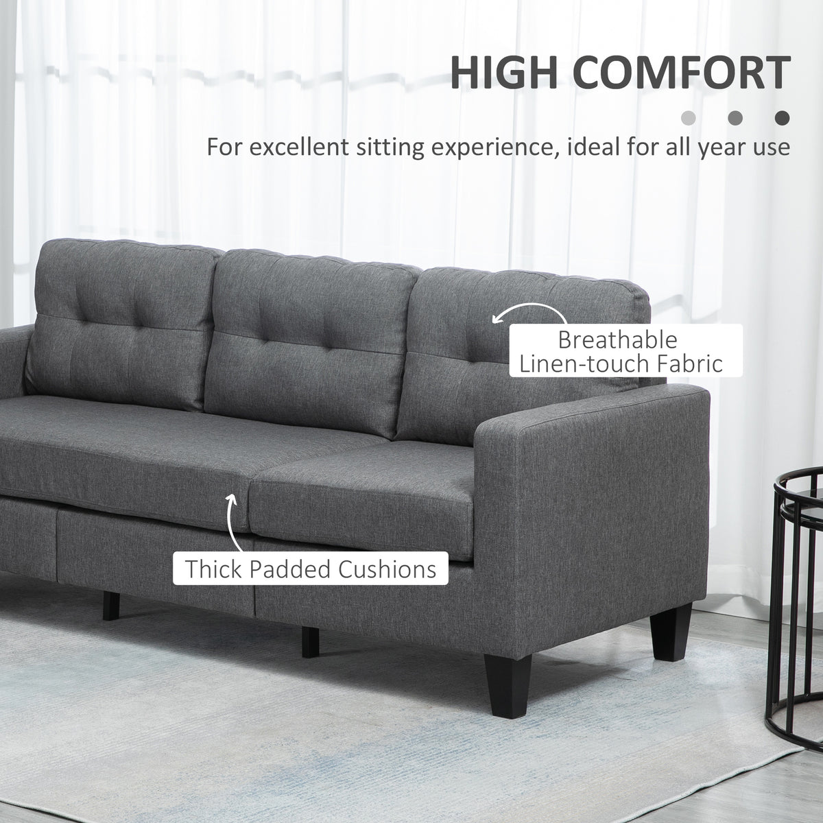 L-shaped Sofa, 3 Seater Couch with Ottoman, Corner Sofa with Thick Padded Cushion and Wood Legs, Dark Grey