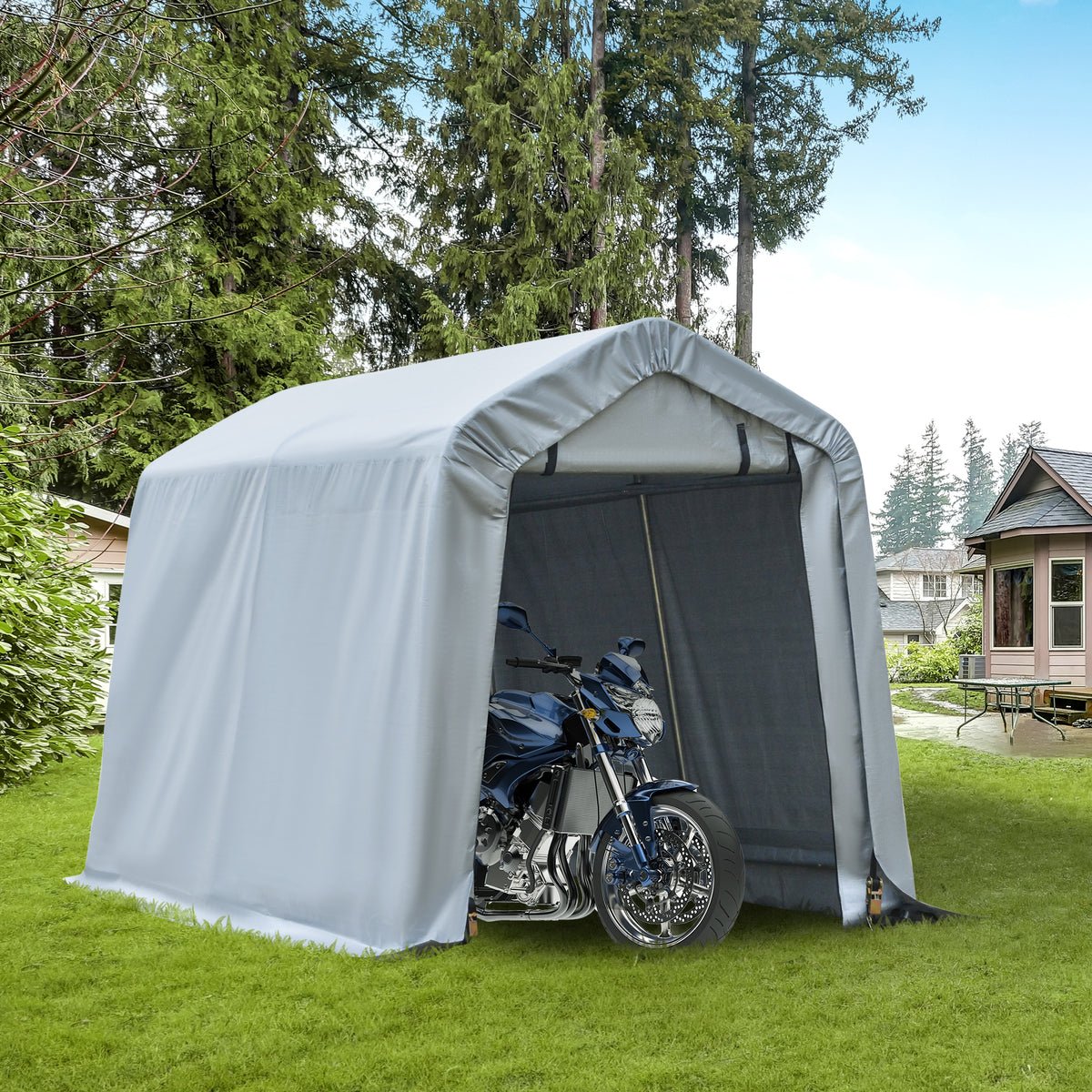 8' x 6' Carport with Sidewalls and Roll-up Door, Outdoor Storage Shelter for Motorcycle and Car, Grey – view 6