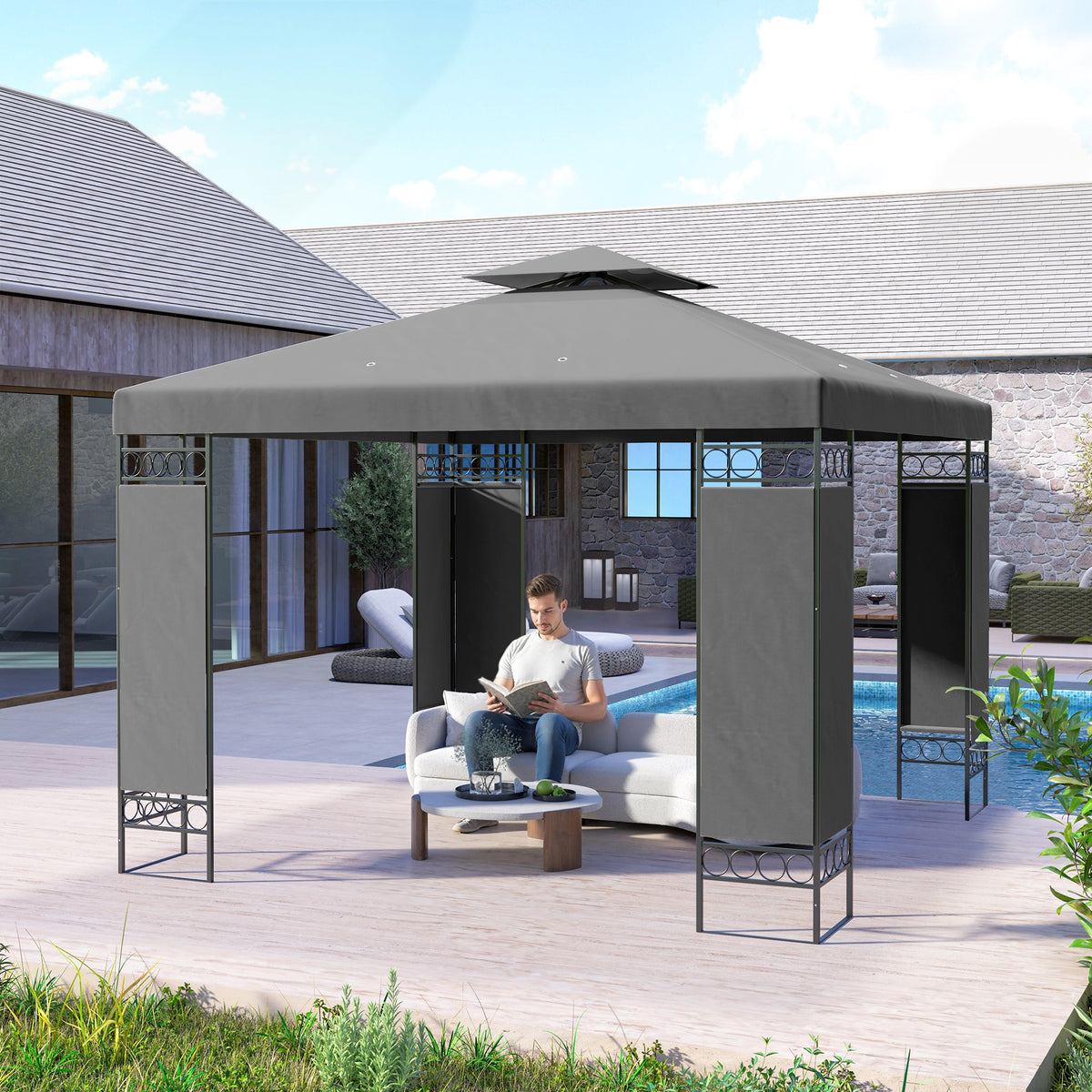 10 x 10 FT Canopy Gazebo, Double Roof Patio Gazebo with Screen Panels and Metal Frame for Deck, Backyard – view 21