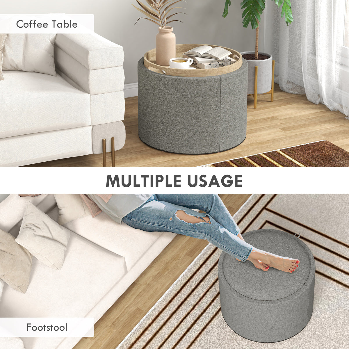 Round Coffee Table, End Table with Hidden Storage and Tray Top, Linen Upholstered Footrest for Living Room
