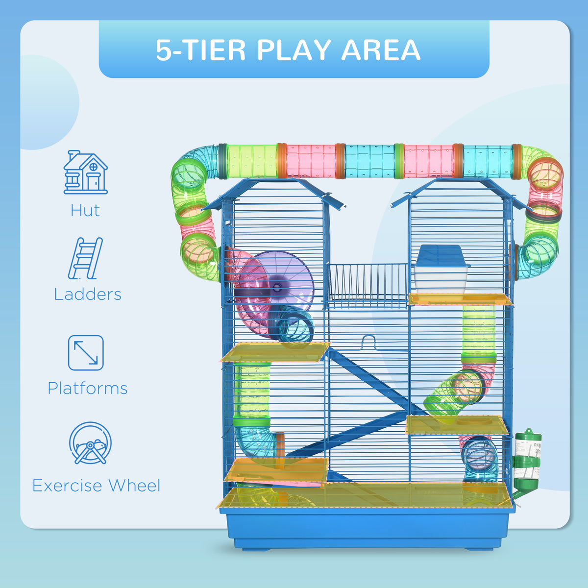 18.5" Hamster Cage, 5 Tiers Small Animal House with Tunnel Tube System, Exercise Wheel, Water Bottle, Blue – view 3