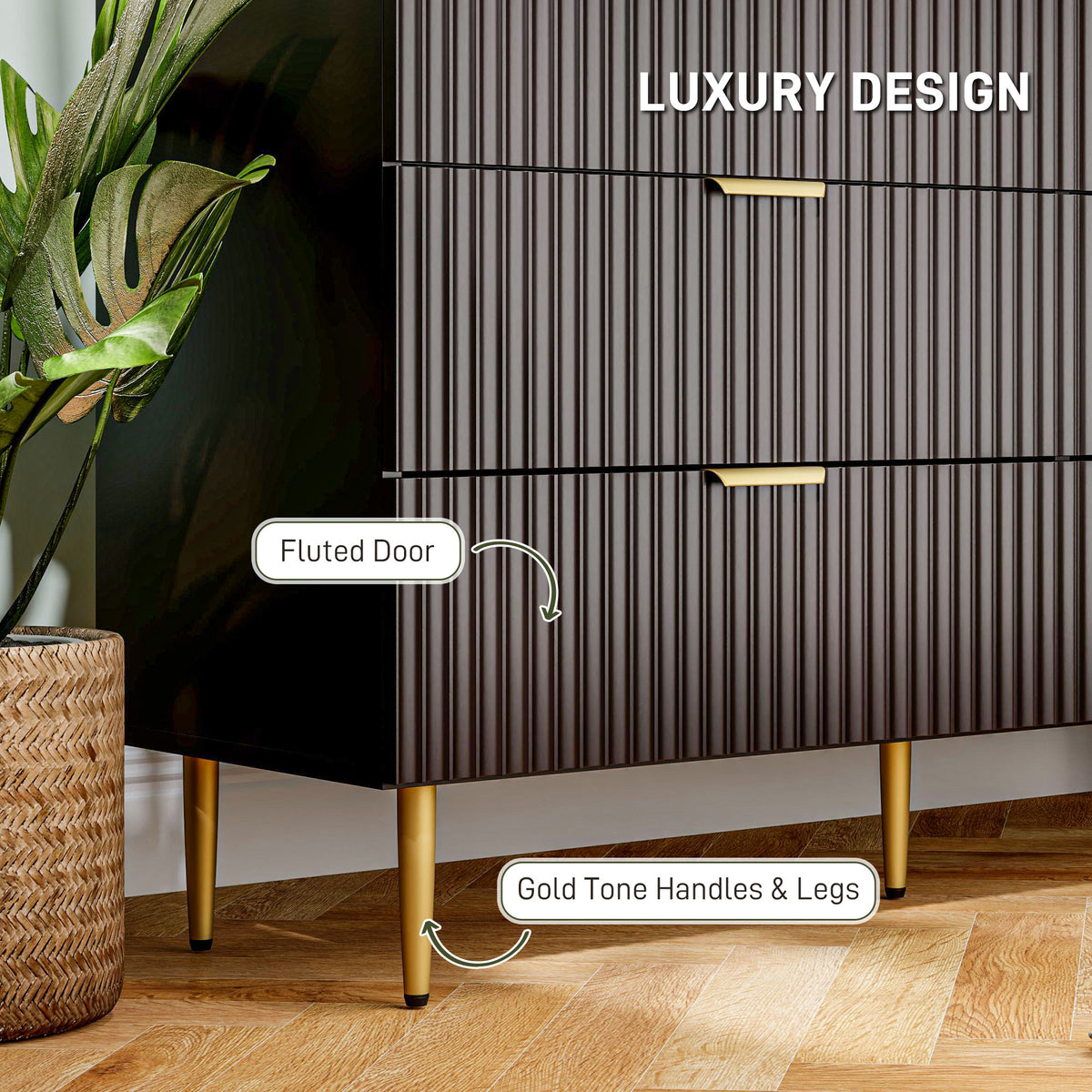 Modern Chest of Drawers 4 Drawer Dresser for Bedroom with Gold Legs and Handles, Black – view 18