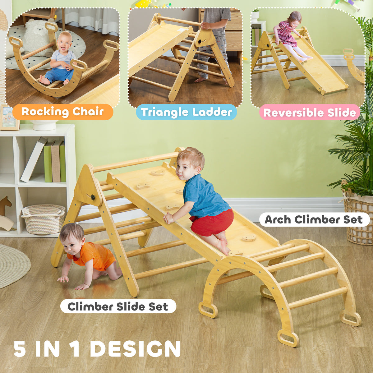 5 in 1 Pikler Triangle Set with Ladder, Ramp, Arch, for 18-48 months, Nature Wood