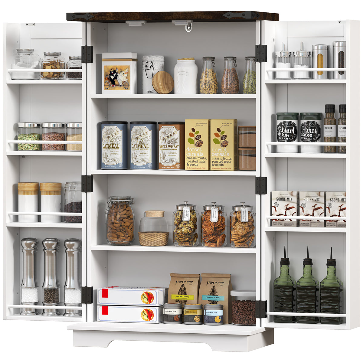 Kitchen Pantry Cabinet with 4-tier Shelving, 6 Spice Racks
