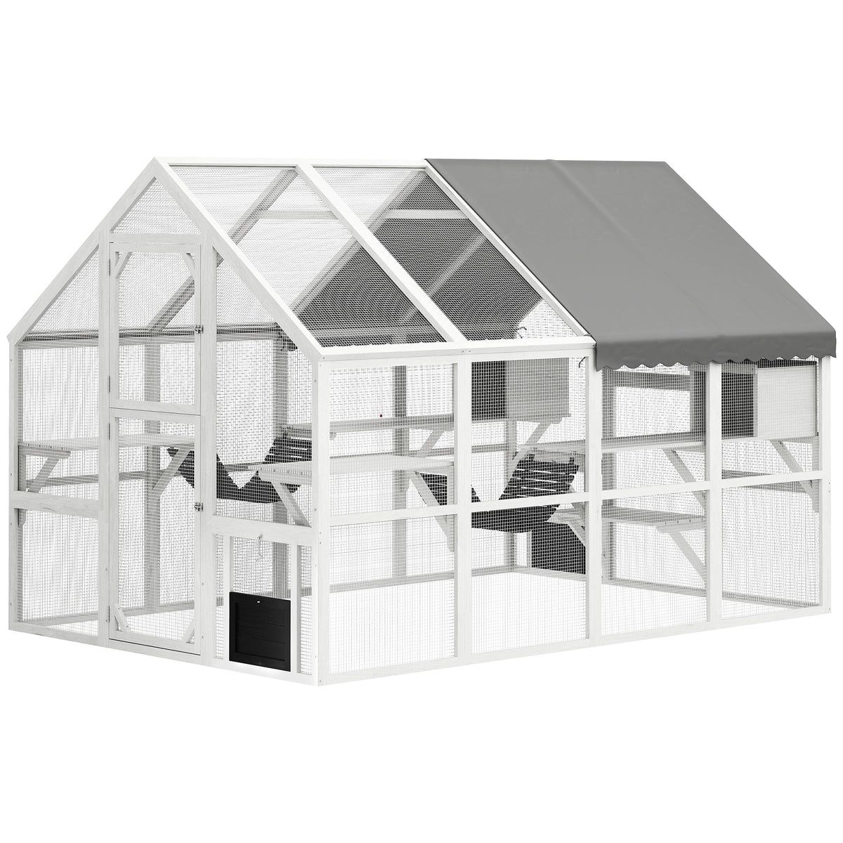 Outdoor Cat Enclosure Wooden Feral Cat House w/ Weatherproof Canopy, Bridges, Resting Boxes, Platforms, for 3-6 Cats