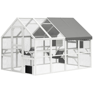 Outdoor Cat Enclosure Wooden Feral Cat House w/ Weatherproof Canopy, Bridges, Resting Boxes, Platforms, for 3-6 Cats
