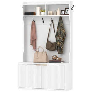 4-In-1 Hall Tree with Shoe Bench, Modern Coat Rack with Open Shelf for Hallway, Entryway, Bedroom, Living Room, White