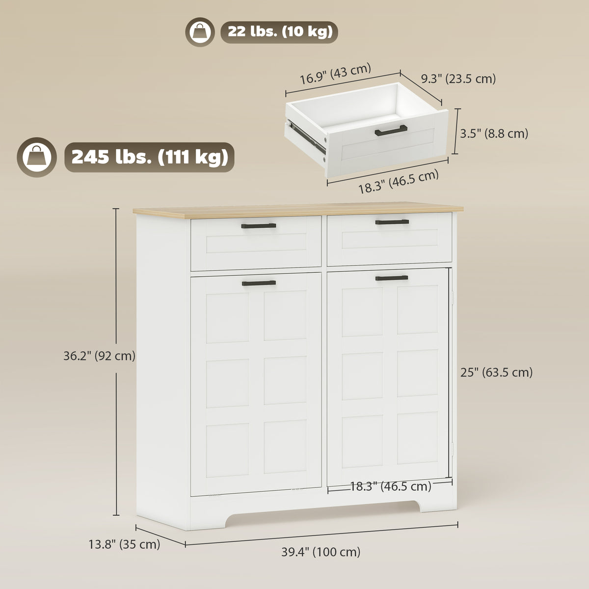 13 Gallon Tilt Out Garbage Cabinet, Kitchen Island with Trash Cabinet, 2 Drawers, Door Racks – view 9