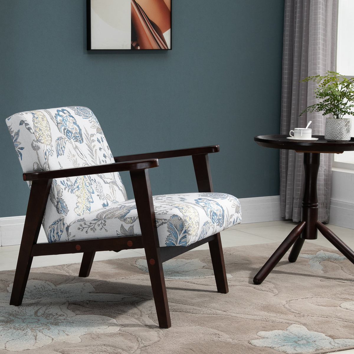 Mid-Century Modern Accent Chair Retro Fabric Armchair Wooden Arm Upholstered Lounge Chair for Living Room Floral