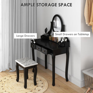 Vanity Desk with Stool, Makeup Vanity with 360° Rotating Oval Mirror, 5 Drawers and Padded Seat, Dressing Table for Bedroom, Black