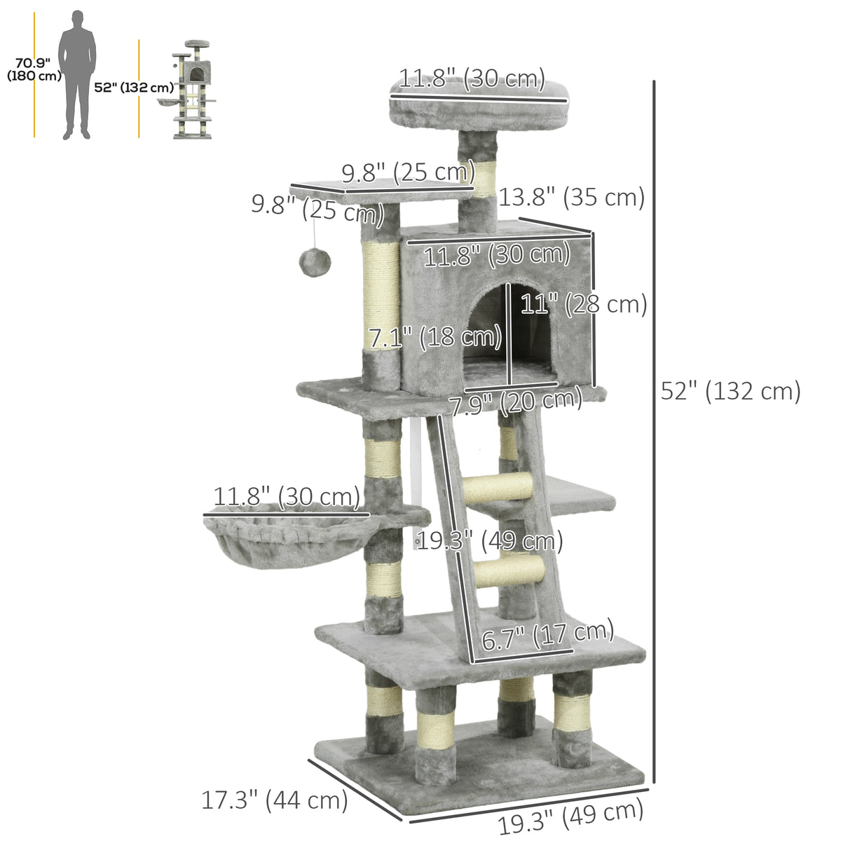 52 Inch Large Cat Tree for Indoor Cats, Dark Grey – view 9