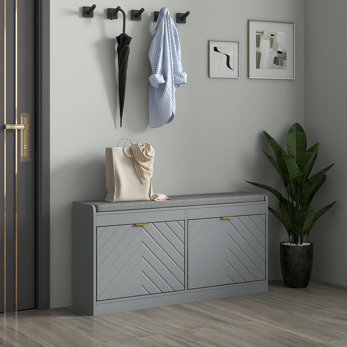 Shoe Storage with Seat, Upholstered Hallway Bench, Shoe Bench with 2 Flip Drawers and 4 Vents for 8 Pairs of Shoes