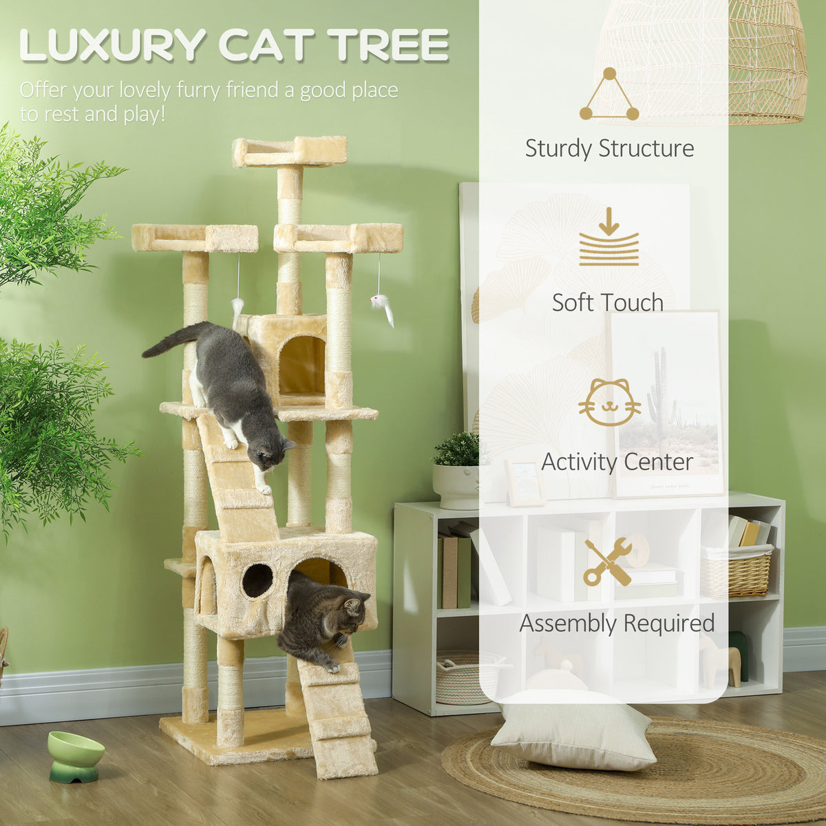 68-inch Multi-Level Cat Scratching Tree Kitty Activity Center Post Tower Condo Pet Furniture w/ Toy Beige – view 8