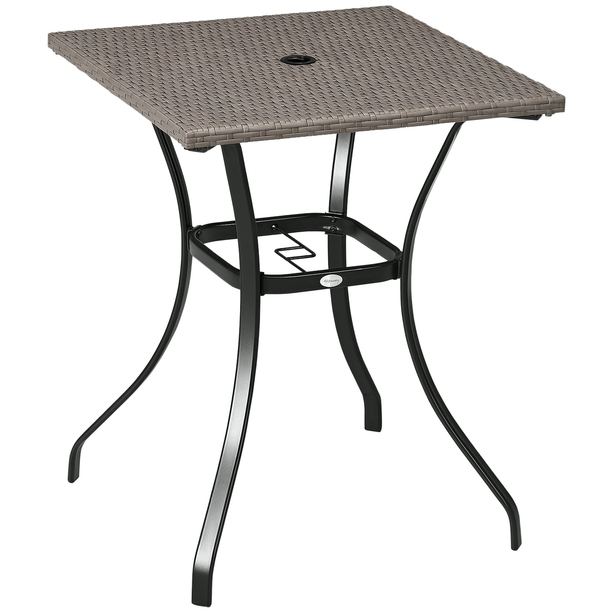 Patio Wicker Dining Table with Umbrella Hole, 34 Inch Outdoor PE Rattan Coffee Table with Plastic Board Under the Woven Table Top for Patio, Garden, Balcony, Light Grey