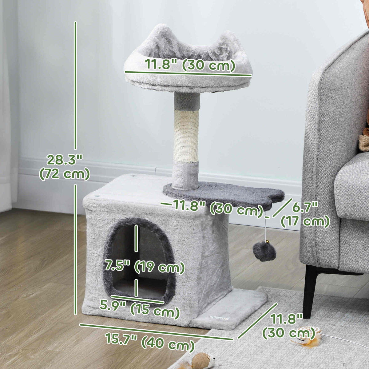 28" Cat Tree Tower with Plush Top Bed, Cozy Condo, Sisal Scratching Post, Perch, Dangling Ball, Beige and Yellow