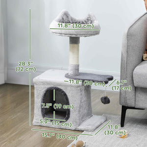 28" Cat Tree Tower with Plush Top Bed, Cozy Condo, Sisal Scratching Post, Perch, Dangling Ball, Beige and Yellow