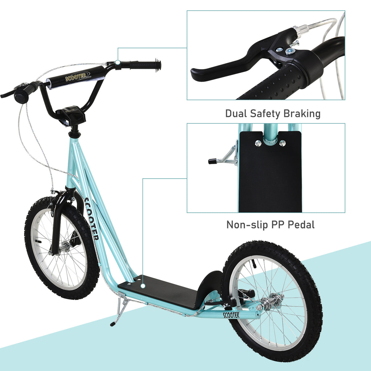 Aosom Kids Kick Scooter for 5+ Year Old, Kids Ride on Toy w/ 16'' Inflatable Wheel Dual Brakes