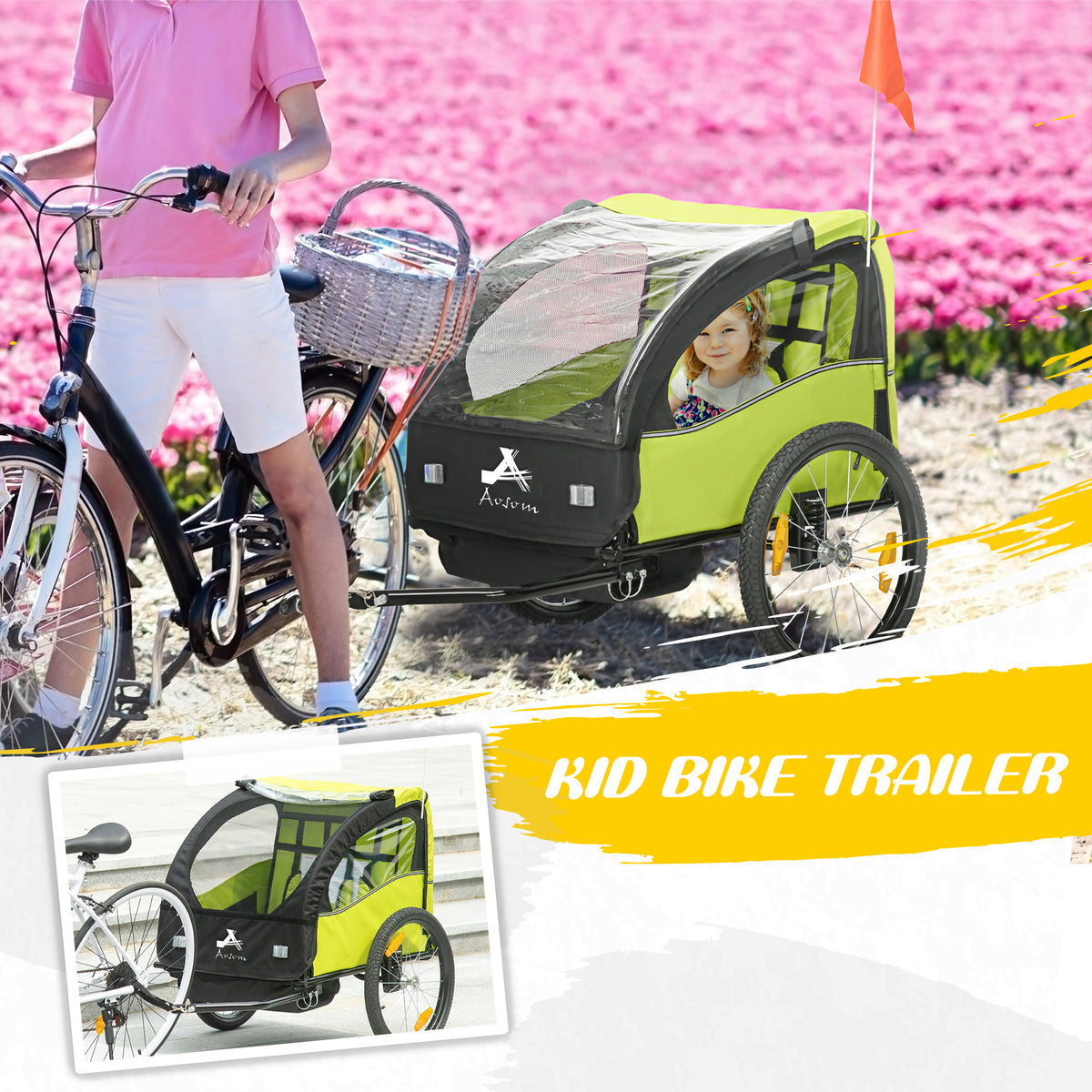 Aosom 2 Seat Bike Trailer for Kids, Baby Stroller with Storage Bag, 5 Point Harness, Bicycle Trailer with 20" Wheels