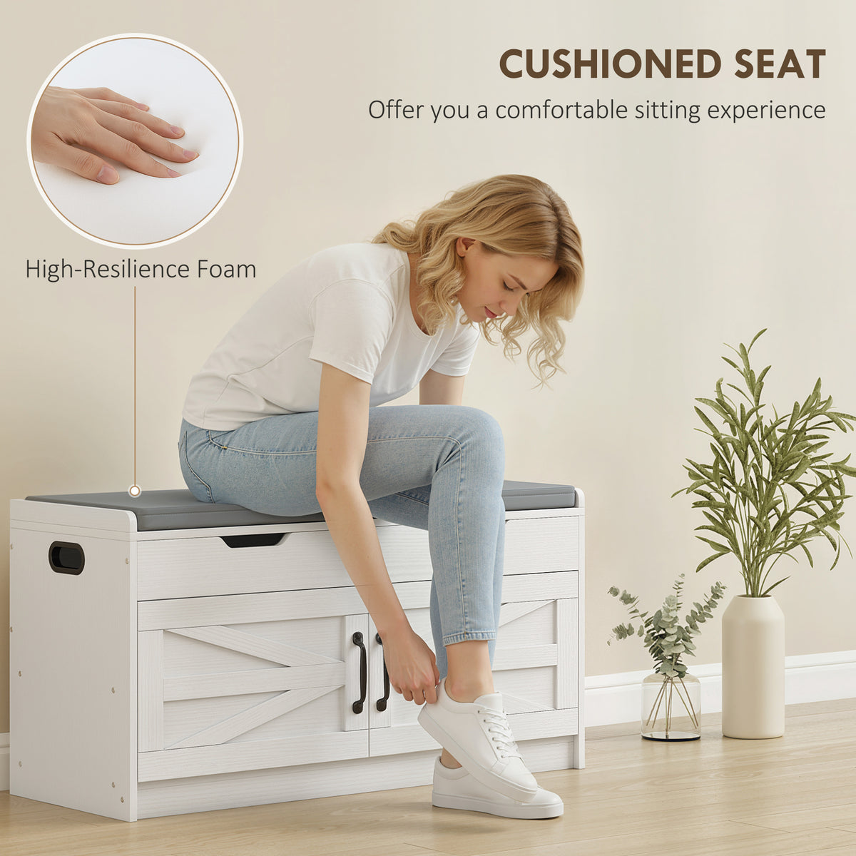 Shoe Storage Bench, Entryway Bench with 2-Tier Cabinet, Flip-Top Storage, Padded Cushion for Hallway – view 13