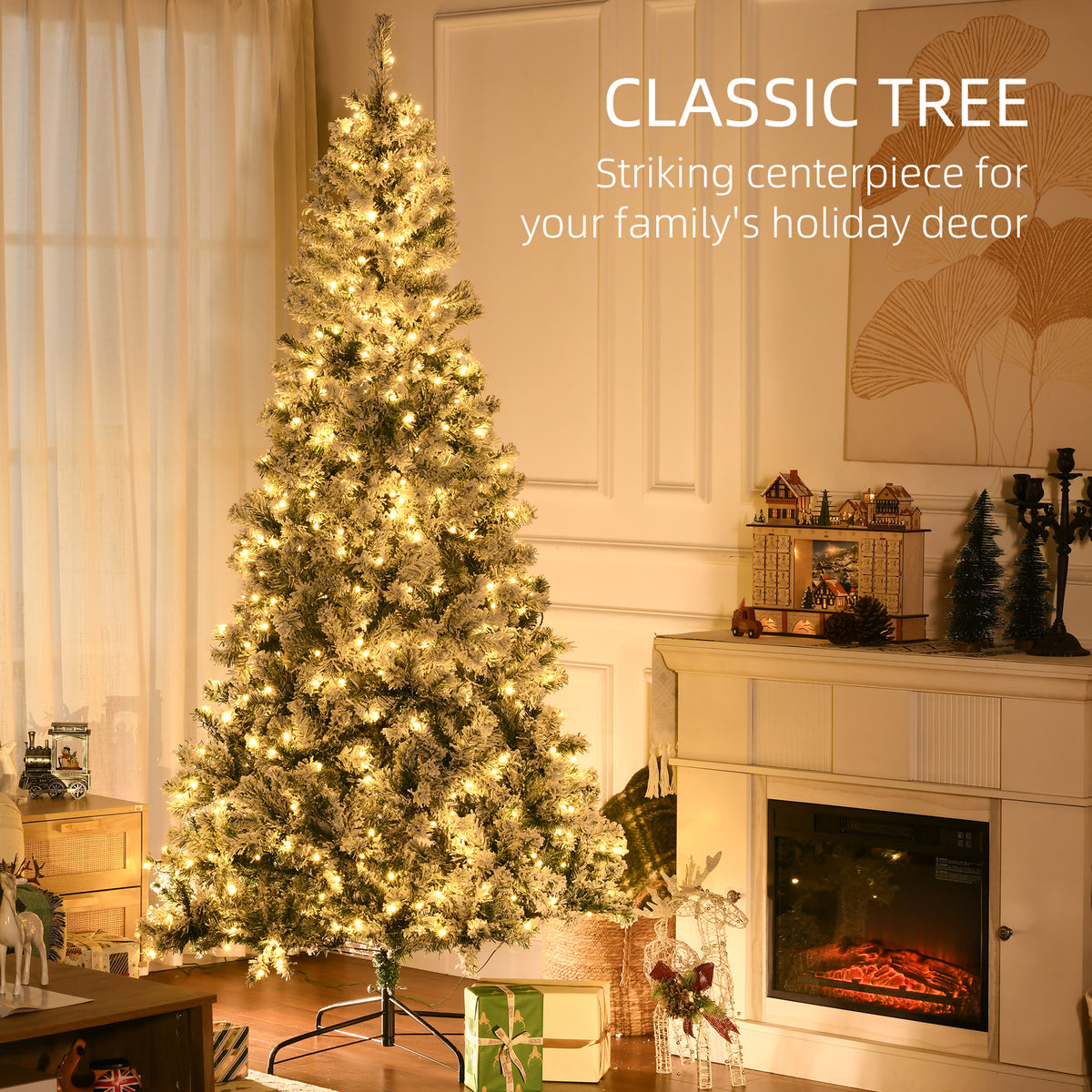 7.5ft Artificial Prelit Christmas Tree with Warm White LED Light, Snow Flocked Branches, Metal Base, Xmas Tree
