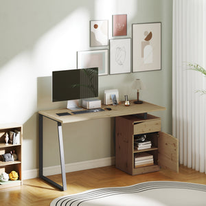 53 Inch Computer Desk, Writing Table with Cabinet, Drawer, Adjustable Shelf for Home Office Study, Natural Wood