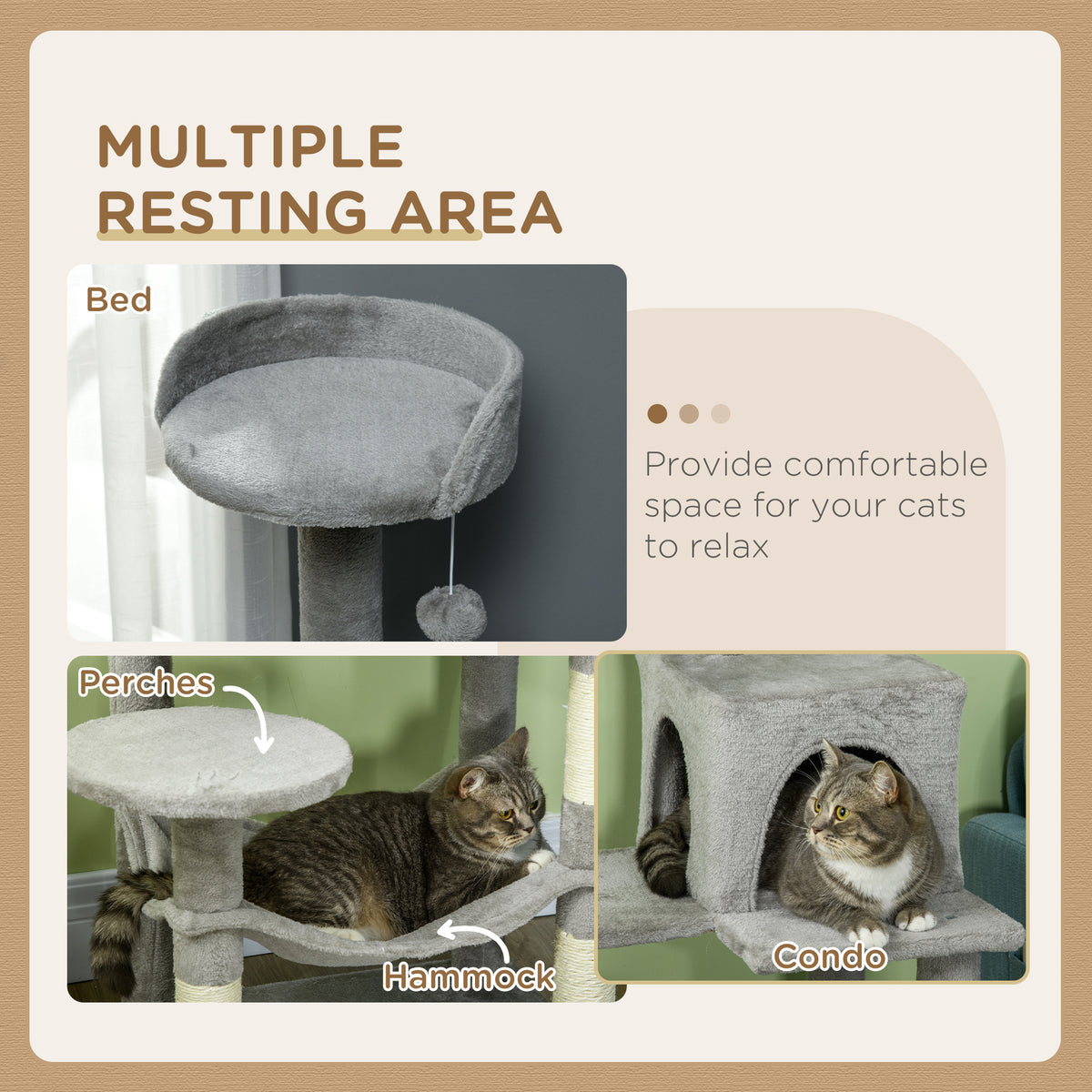 Tall Cat Tree for Indoor Cats, 56" Multi-Level Cat Tower with Hammock, Cat Bed, Cat Condo with Sisal Scratching Posts, Grey