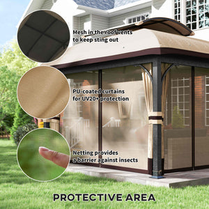 11' x 13' Patio Gazebo, Double Roof Outdoor Gazebo Canopy with Netting & Curtains, Galvanized Metal Frame, Khaki