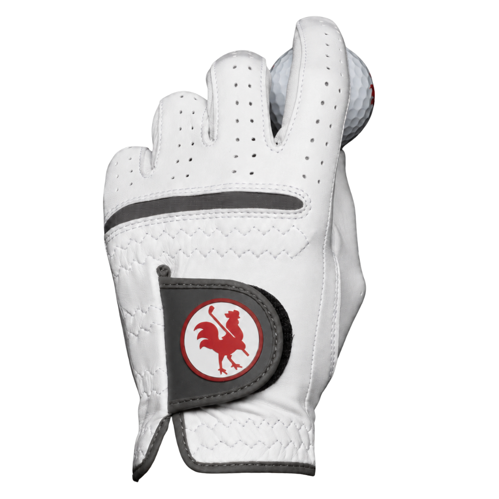Women's Silkie - Red Rooster Golf AAA Cabretta Leather Golf Glove, white leather with a grey panel