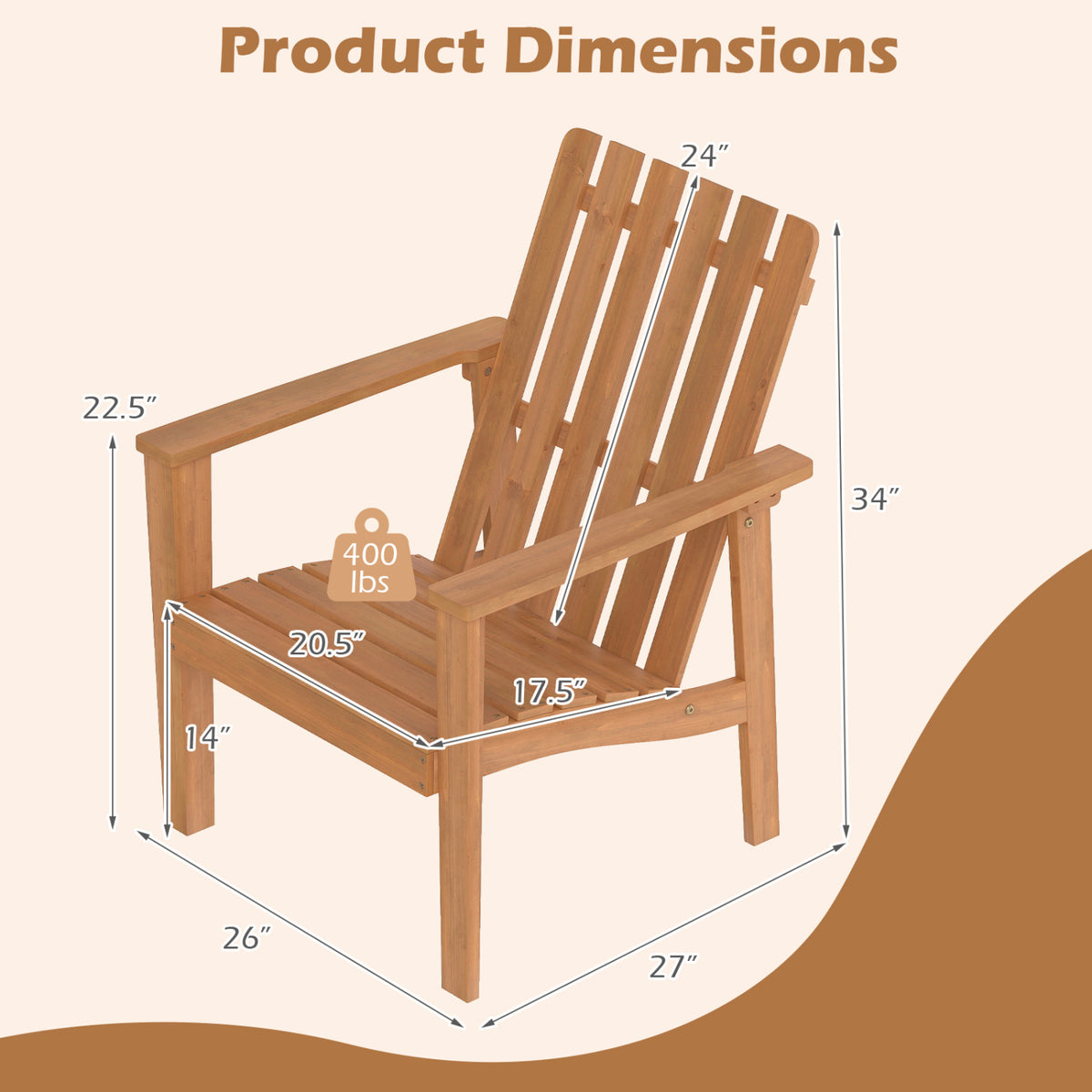 1 Pack Acacia Wood Outdoor Patio Chair with Slatted Backrest and Seat Built-in Armrest view 5