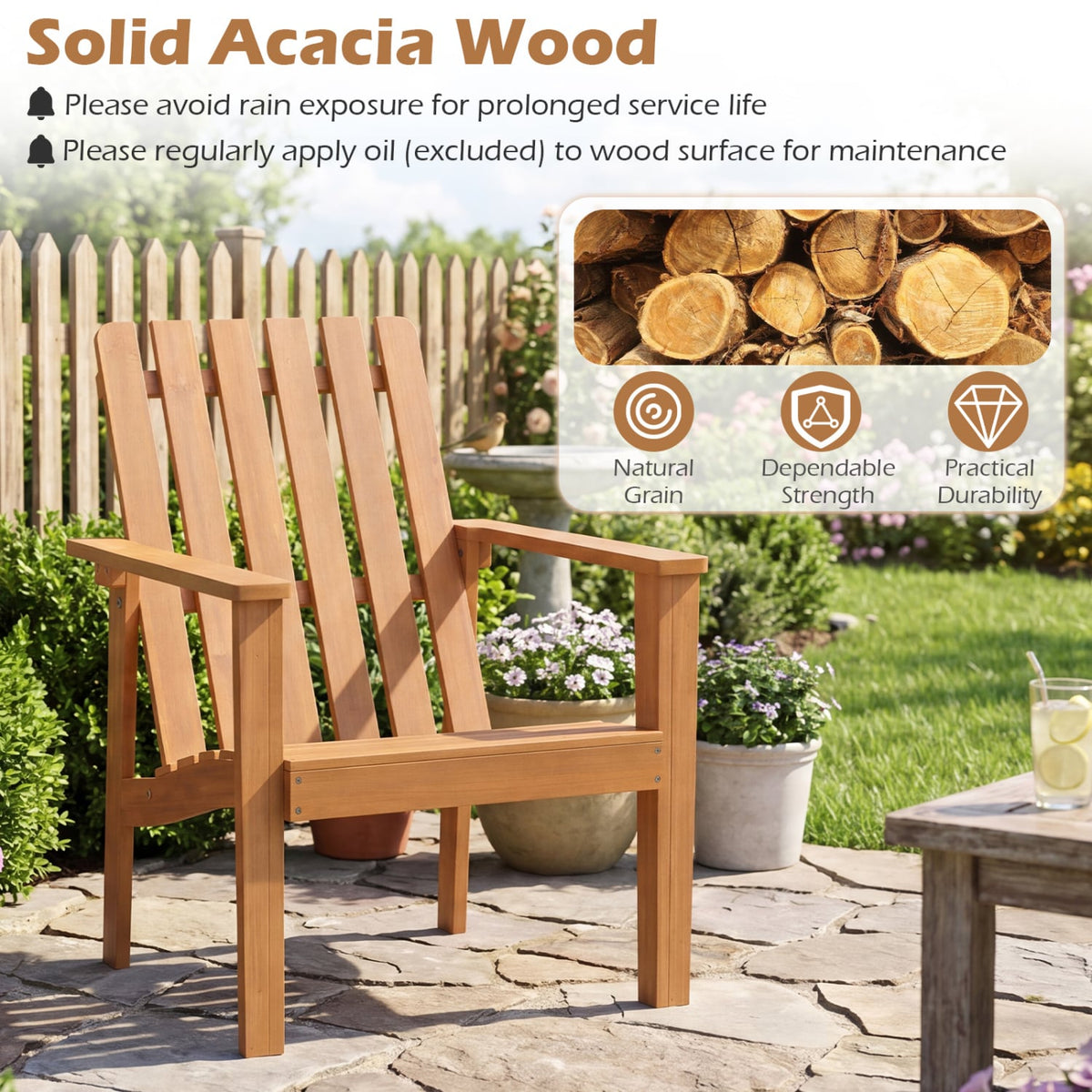 1 Pack Acacia Wood Outdoor Patio Chair with Slatted Backrest and Seat Built-in Armrest view 8