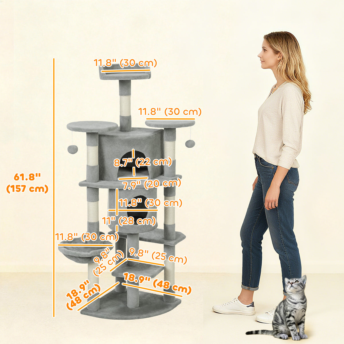 62" Cat Tree with Scratching Post, 2 Condos, Hammock, Perches, Plush, Pompoms, for Indoor Cats, Beige – view 16