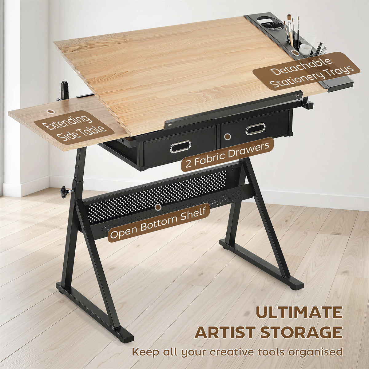 Adjustable Drafting Table, Art Desk Drawing Table Workstation with Stool and Storage Drawers for Painting, Oak