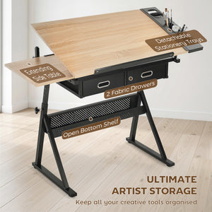 Adjustable Drafting Table, Art Desk Drawing Table Workstation with Stool and Storage Drawers for Painting, Oak