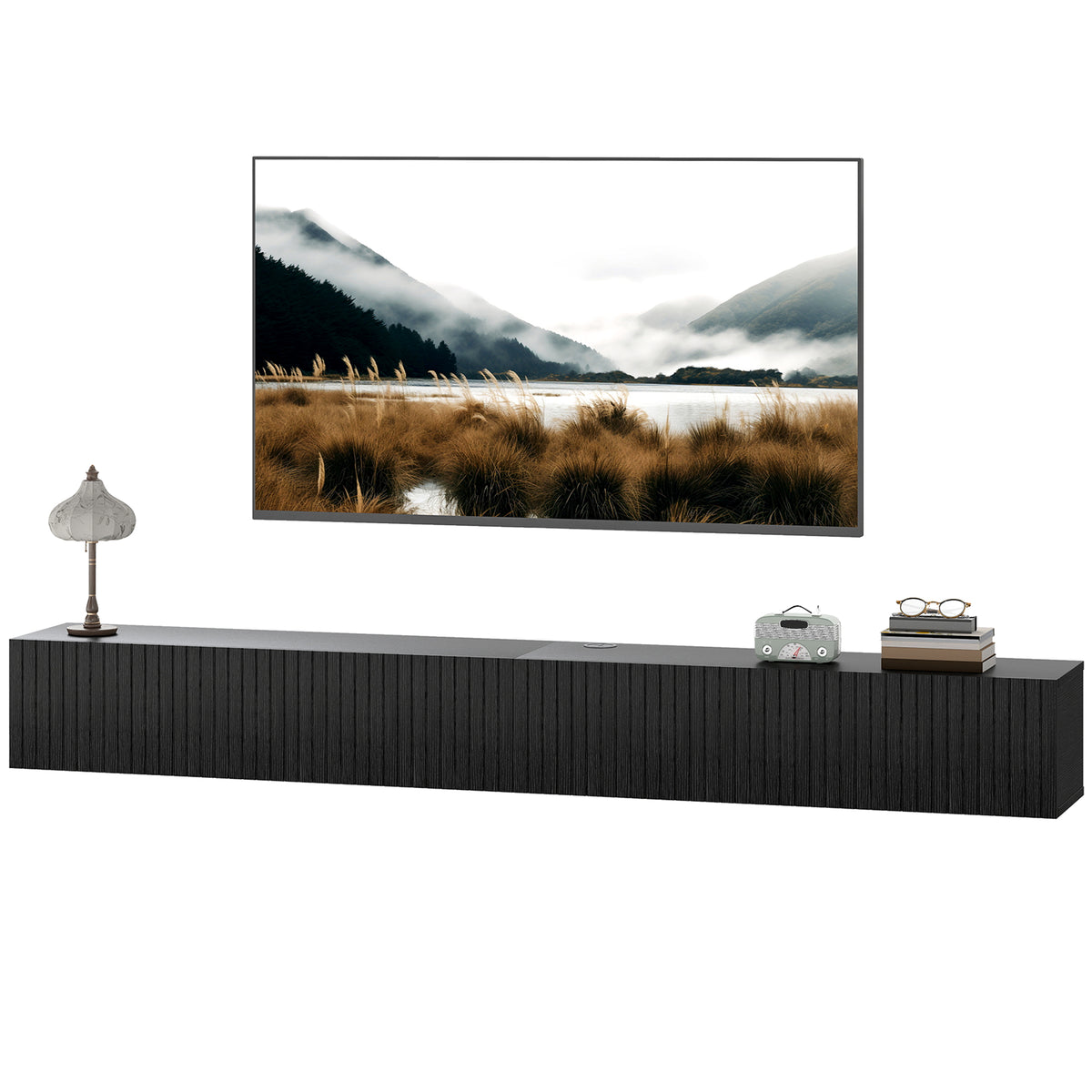 71" Floating TV Stand for TVs up to 72 Inch, Wall Mount Media Console with 2 Fluted Flip-Down Doors