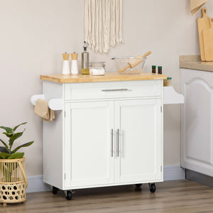 Kitchen Island with Storage, Rolling Cart Trolley with Rubberwood Top, Adjustable Shelf, Drawer, Spice Rack, White