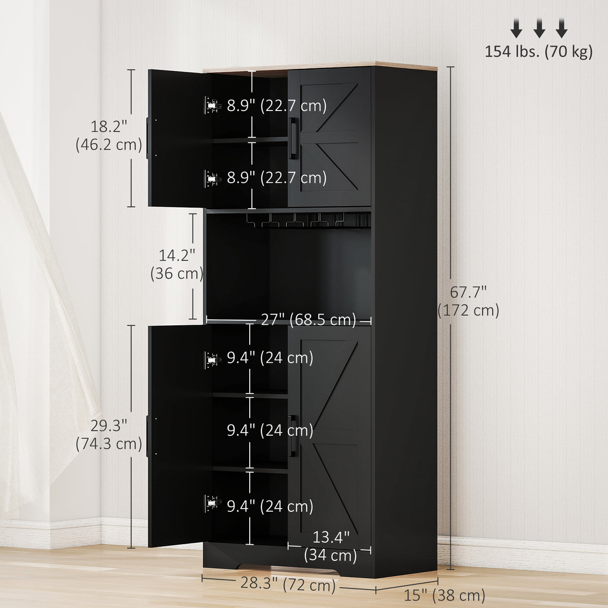 Farmhouse Kitchen Pantry, 68" Freestanding Hutch Storage Cabinet with Microwave Oven Countertop, Black – view 2