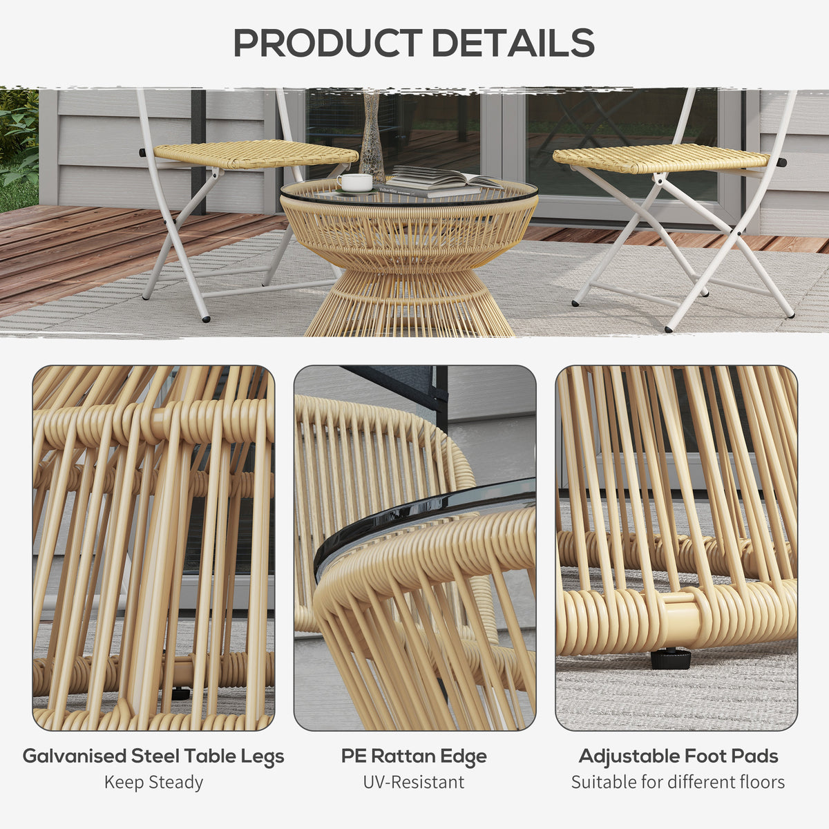 Rattan Outdoor Coffee Table, Patio End Table with Tempered Glass Tabletop & Steel Frame, Wicker Furniture, Nature Wood