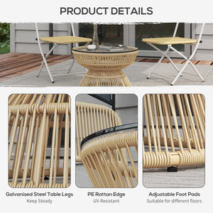 Rattan Outdoor Coffee Table, Patio End Table with Tempered Glass Tabletop & Steel Frame, Wicker Furniture, Nature Wood