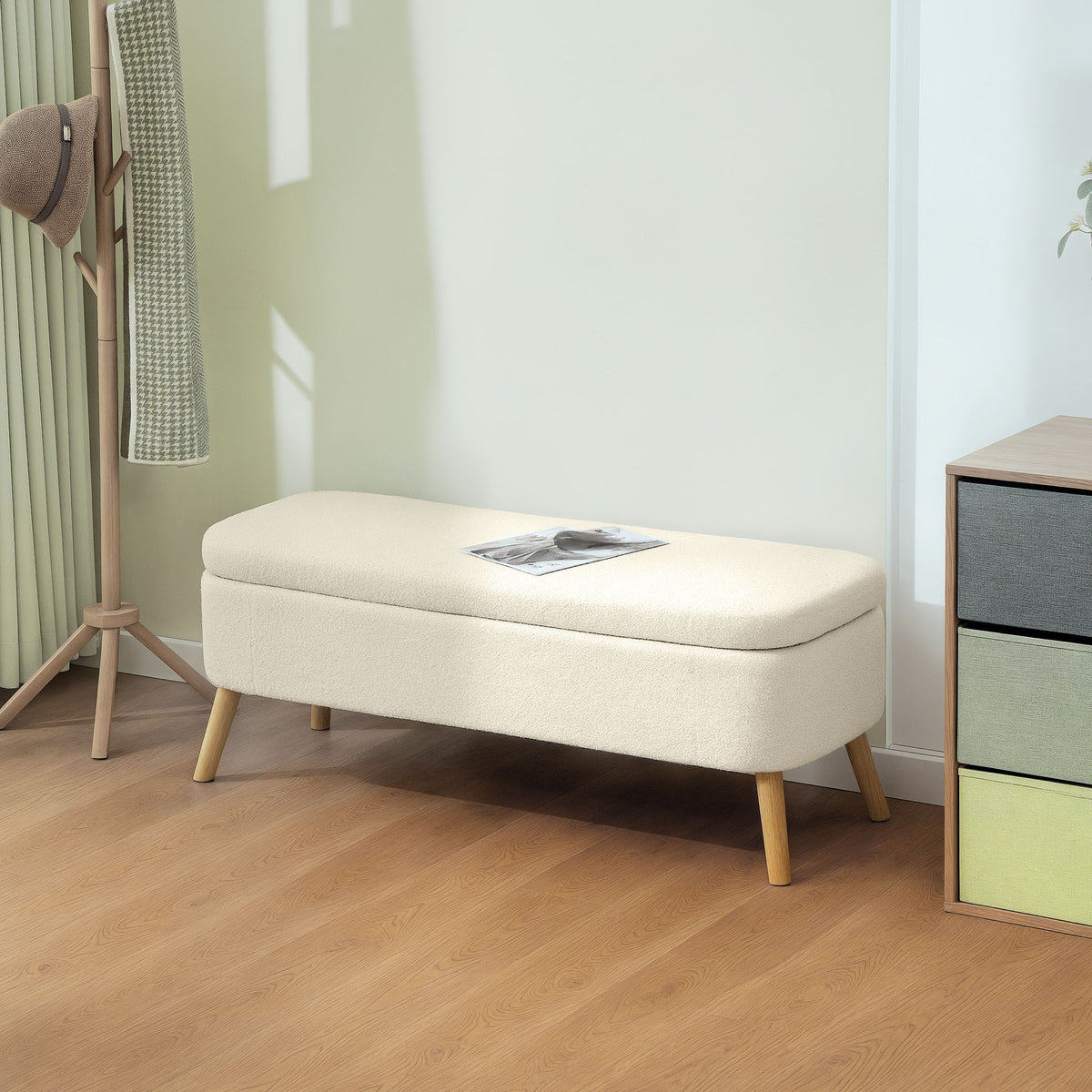 47 Inches Storage Ottoman Bench, End of Bed Bench, Upholstered Teddy Fleece Storage Chest for Living Room, Beige