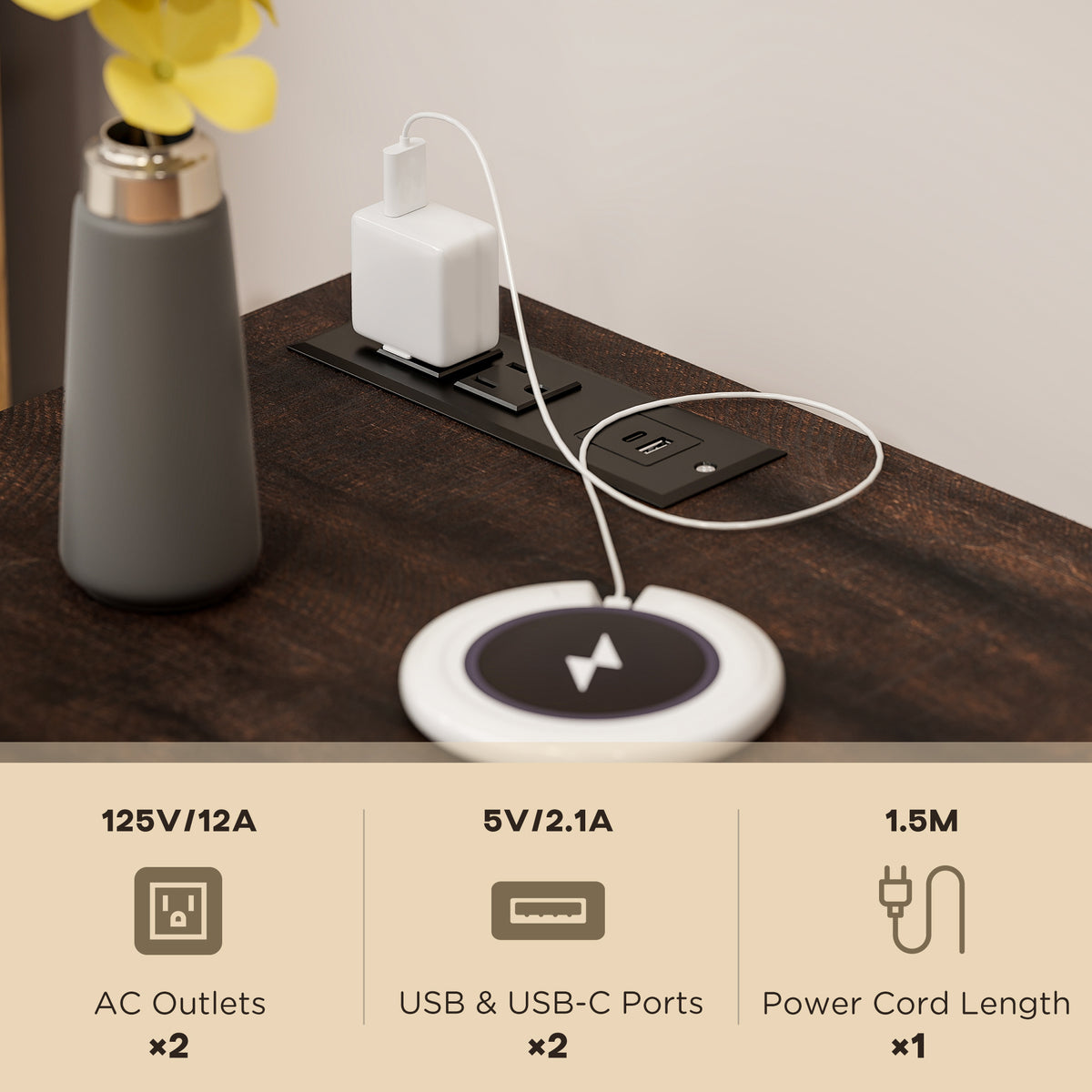 Set of 2 Side Tables, Night Stands with Charging Outlets, White