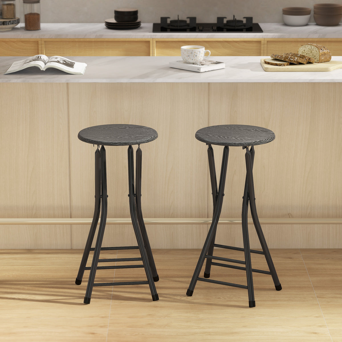 Set of 2 Foldable Barstools, Counter Height Bar Stools with Footrest and Steel Legs for Kitchen Island, Black