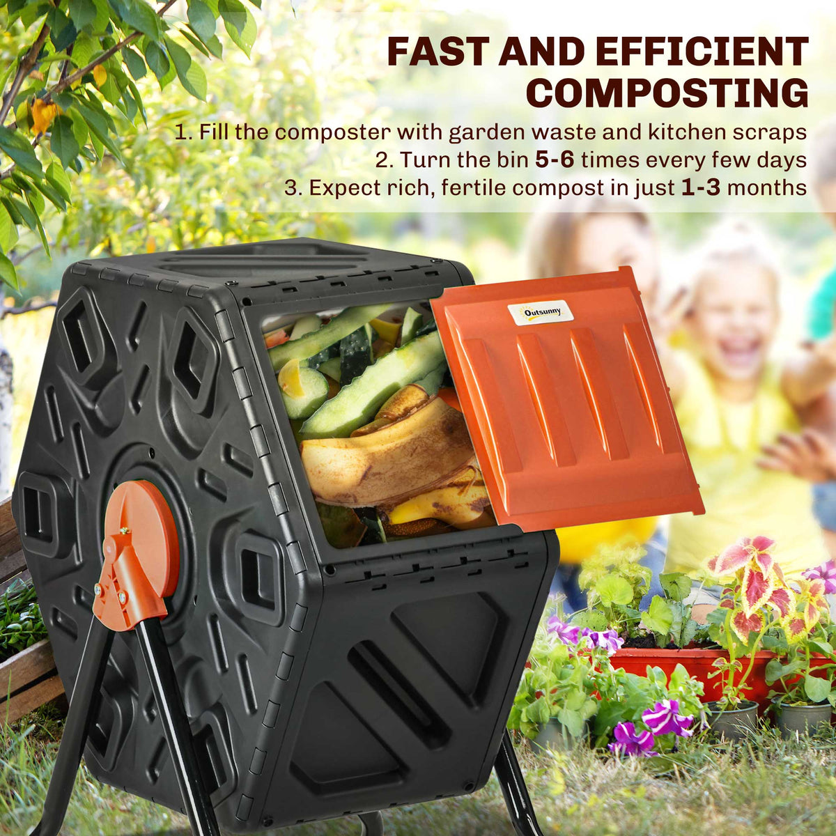 Rotating Composter, Compost Bin with 24 Vents and Steel Legs, 17 Gallon, Green