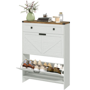 Narrow Shoe Storage Cabinet, Farmhouse Shoe Cabinet with 2 Flip Drawers, 1 Drawer, 12 Pairs for Entryway, White