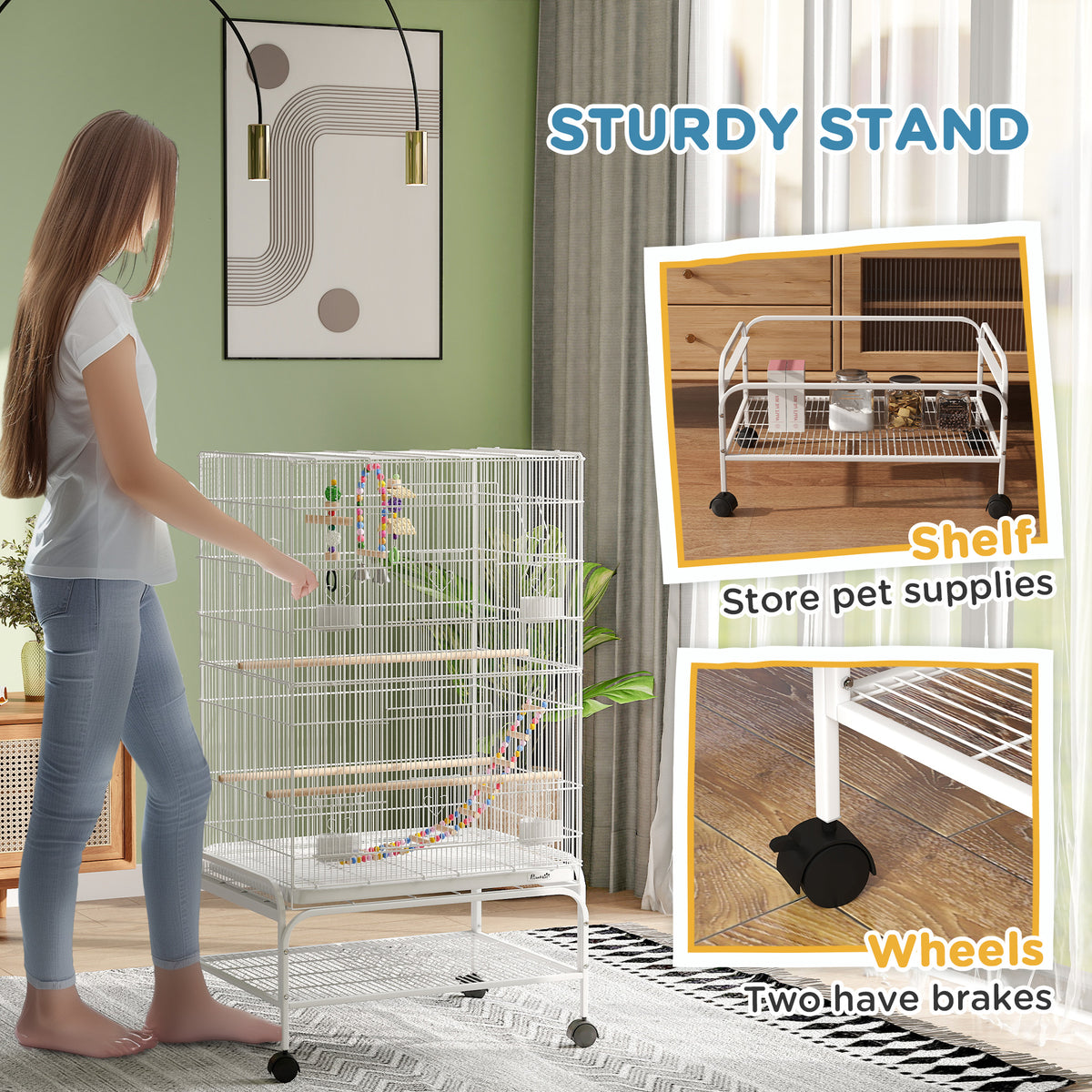 52" Bird Cage with Rolling Stand, Toys, for Budgies Canaries Black – view 27