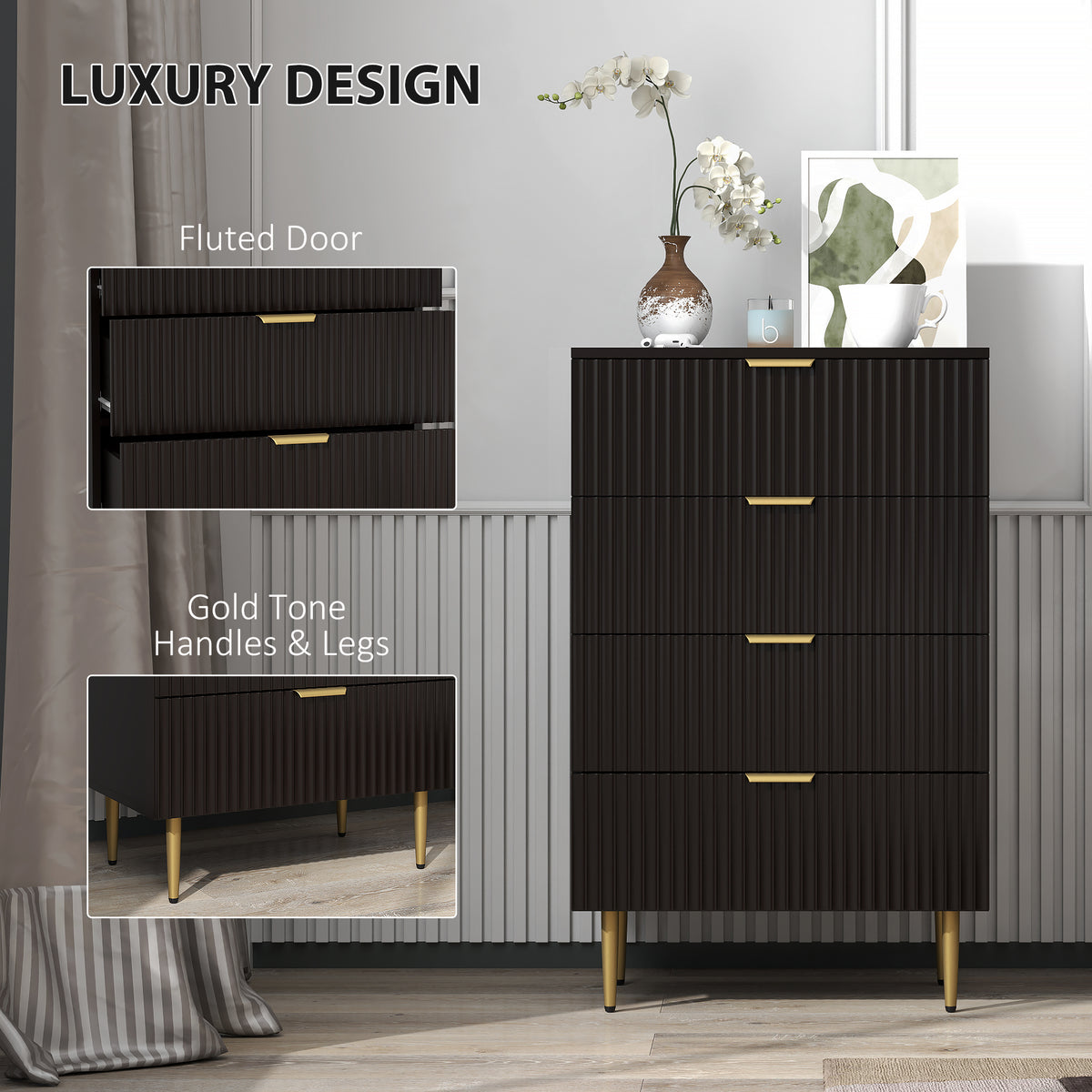 Modern Chest of Drawers 4 Drawer Dresser for Bedroom with Gold Legs and Handles, Black – view 4