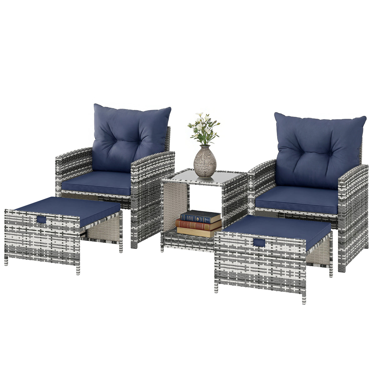 5 Piece Patio Furniture Set, Wicker Patio Chairs with Ottomans, 2-Tier Glass Coffee Table and Cushions – view 15
