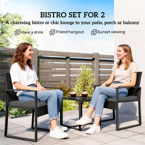 Outdoor Bistro Set, 3 Piece Wicker Patio Furniture Set with Glass Top Table and Cushions for Porch – view 3