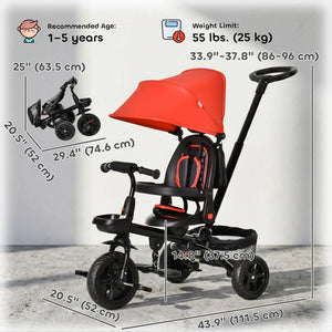 Qaba Tricycle for Toddler 5 in 1 Kids Trike, Foldable Converts Stroller to Toddler Bike, Adjustable Backrest & Curved Canopy, Detachable Guardrail & Handle for 1-5 Years Old